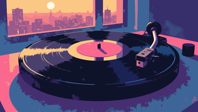A vinyl record spinning with a city reflection on the glossy black surface. Pink and gold highlights. Indigo label. Vector illustration