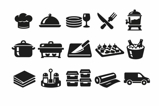 Catering icons set: culinary tools, serving utensils, and delivery van - Powered by Adobe