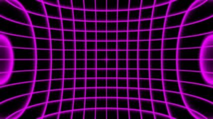 Abstract purple neon glowing curved grid lines forming a 3d sphere tunnel on black background - Powered by Adobe