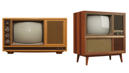 Two vintage wooden television sets, side by side, with dials, speaker grills, and varying cabinet designs. They sit against a black background