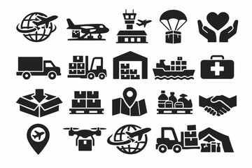 Logistics and transportation icons highlighting global shipping solutions