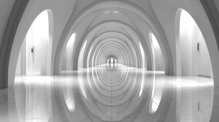 White architectural archway corridor inside a building, featuring repeating arches and depth, rendered in 3D with clean lines and modern minimalist design.
