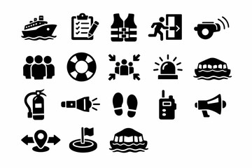 Marine safety icons: lifeboat, evacuation, communication, emergency equipment set