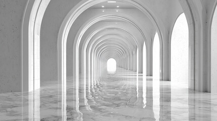 White architectural archway corridor inside a building, featuring repeating arches and depth, rendered in 3D with clean lines and modern minimalist design.
