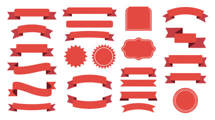 Collection of various red ribbons and labels on white background