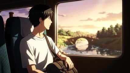 Anime character gazes out train window at countryside