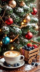 close christmas tree decorated colorful ornaments lights tree covered snow wooden crate filled fresh berries right side side blueberries strawberries front tree espresso cup latte art design cup