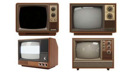 Four isolated illustrations of antique television sets, each with a different screen and design. The units feature wooden frames and various control knobs