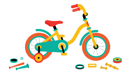 Colorful bicycle with tools and parts on white background