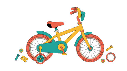 Colorful cartoon bicycle with tools and parts around  kids bike