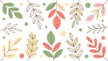 Colorful illustration of various leaves and dots on white background