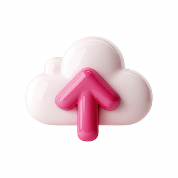 3D cute cartoon cloud upload icon with pink arrow, cloud storage symbol, isolated on transparent background.