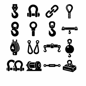 Set of industrial crane hooks and rigging equipment icons in black and white