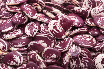 Top view of a pile of dried red speckled Beans. Food background. Close-up. Selective focus.