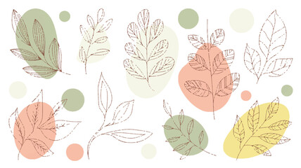 Colorful leaves and shapes on white background