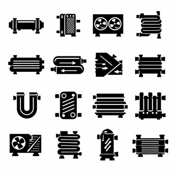 Set of various heat exchanger icon variants in black silhouettes