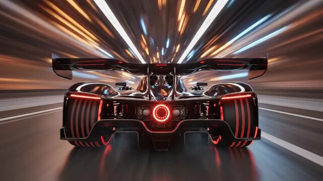 Rear view of a futuristic race car speeding on a dark track, featuring intense neon red taillights and dynamic motion blur.