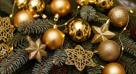 Golden Christmas ornaments on a tree with warm fairy lights