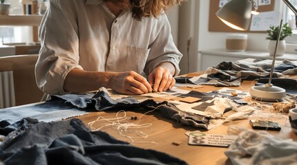 Hands carefully stitching fabric pieces together, creating a textile art piece with meticulous detail and craftsmanship