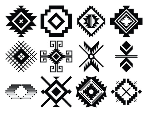 Aztec elements, tribal jewelry, tribal patterns, geometric symbols for tattoos, logos, cards, decorations, Navajo patterns, isolated on a white background.
