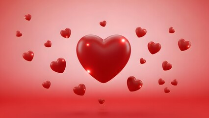 Red hearts floating in air on red background