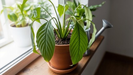 Potted green plant with large leaves on windowsill in cozy interior, houseplant with drooping leaves  