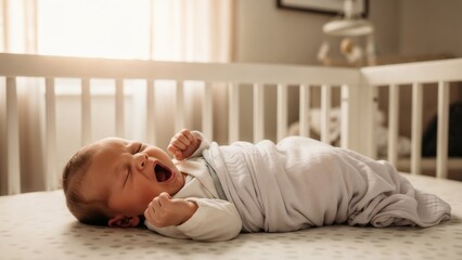Baby yawning while swaddled in crib with soft sunlight background  
