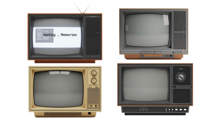 Four vintage televisions, each showcasing different designs, with screens displaying static or text. Retro, aged, nostalgic ambiance
