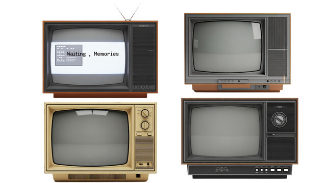 Four vintage televisions, each showcasing different designs, with screens displaying static or text. Retro, aged, nostalgic ambiance
