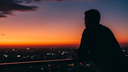 Man gazing at sunset while leaning on balcony railing in city  