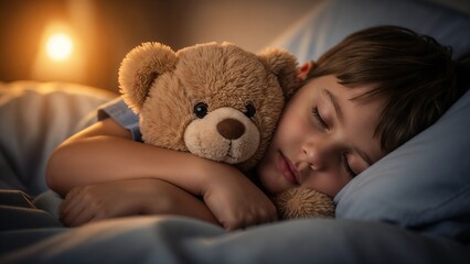 Young boy sleeping with teddy bear in cozy bedroom at night  