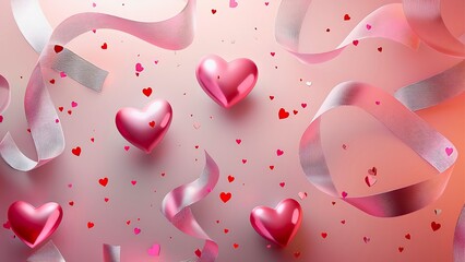 Elegant Valentine's Day composition with hearts and ribbons. This image evokes feelings of romance and celebration, perfect for expressing love and affection