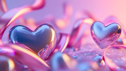 Two metallic hearts are set against a backdrop of soft pink ribbons, creating a romantic and elegant composition