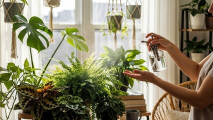 Woman spraying water on indoor plants in bright sunny room  