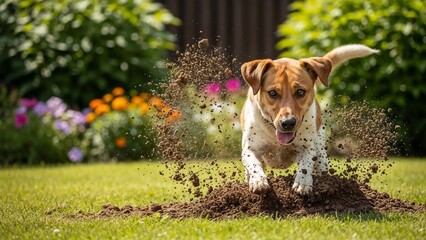 Dog digging in the garden and kicking up dirt on a sunny day  