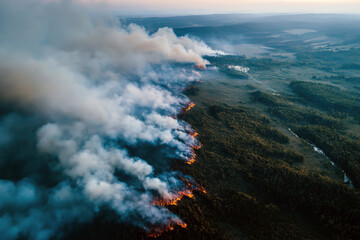 Obraz premium Aerial view of large scale forest fire burning across woodland landscape with visible fire lines and smoke clouds, climate change and ecology theme