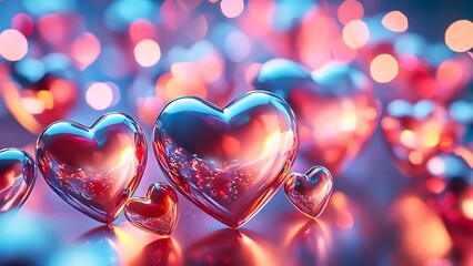 Shining metallic hearts arranged in a beautiful composition, symbolising love and affection