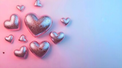 A collection of shiny, glittering hearts against a gradient background, representing love and affection. The hearts are in various sizes and arranged in a visually appealing pattern.