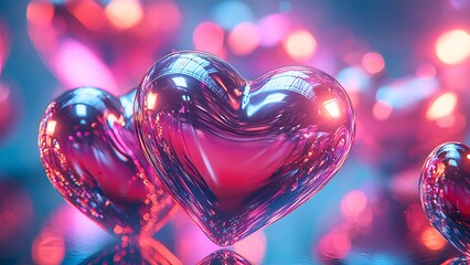 Two gleaming heart-shaped objects with a gradient of pink and purple, creating a romantic and dreamy aesthetic