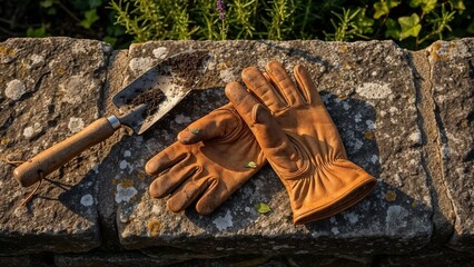 Gardening gloves and trowel resting on stone surface outdoors  