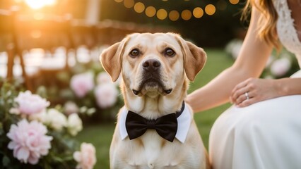 Labrador dog wearing bow tie with bride at outdoor wedding ceremony  