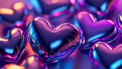 Shiny hearts in purple hue creating a romantic scene and displaying various emotions