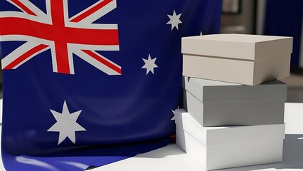 Stacked shipping boxes with australian flag background symbolizing international trade. Australia day sale marketing visual
