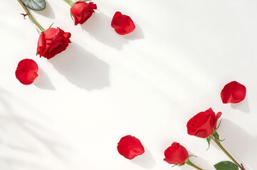 Serene romantic scene featuring delicate red roses on a pristine white background