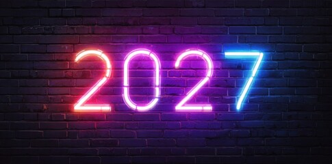 2027 neon light sign on a dark brick wall background