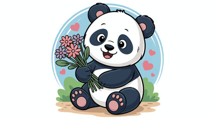 Cute cartoon panda bear holding pink flowers in hand sitting on ground