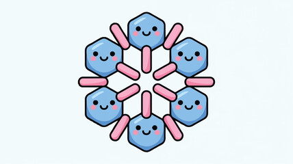 Cute cartoon smiling blue hexagonal snowflakes with pink sticks