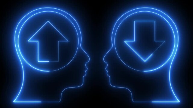 glowing neon growth mindset vs fixed mindset icon animation. Two head silhouettes facing each other. Arrow icons in opposite directions. .Mindset concept with head silhouette. Business solution.