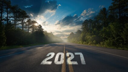 2027 written on a road in forest