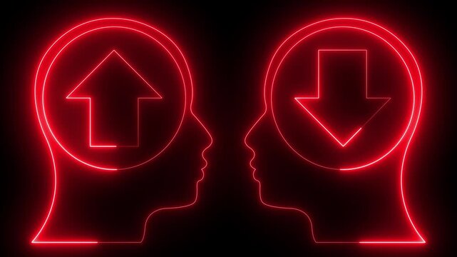 glowing neon growth mindset vs fixed mindset icon animation. Two head silhouettes facing each other. Arrow icons in opposite directions. .Mindset concept with head silhouette. Business solution.